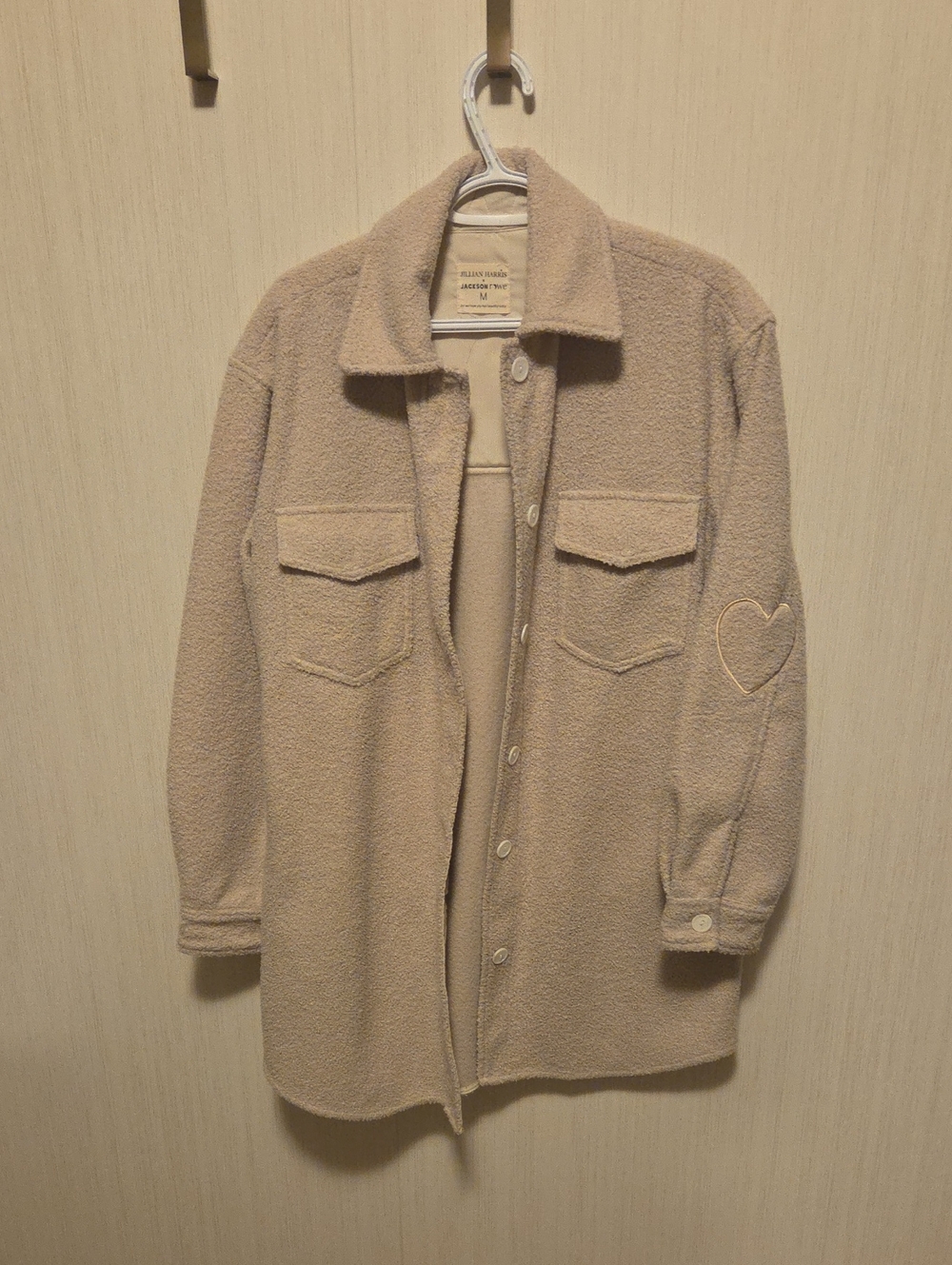 Jackson Rowe Beige Sherpa Shirt Jacket with Heart Elbow Patch Size Medium